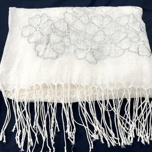 Metallic Silver Floral Design White Mesh Scarf